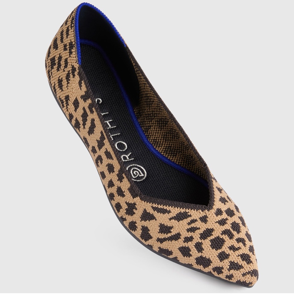 Rothy's Leopard Print Pointed Toe Flat with Blue Trim